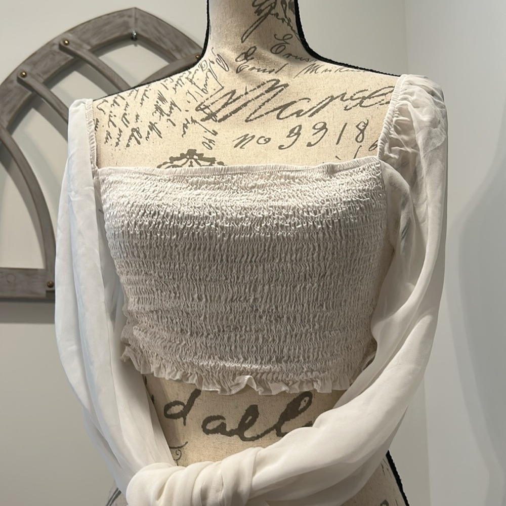Sheer Long Sleeve Crop Top White Smocked Body And Bottom of Sleeves Size Large - Picture 2 of 10